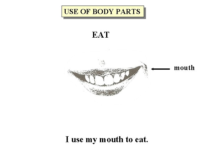 USE OF BODY PARTS EAT mouth I use my mouth to eat. 