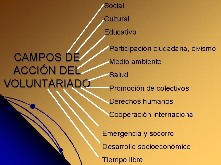 Social Cultural Educativo CAMPOS DE ACCIÓN DEL VOLUNTARIADO Participación ciudadana, civismo Medio ambiente Salud
