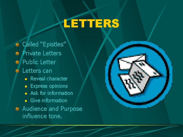 LETTERS Called “Epistles” Private Letters Public Letters can l l Reveal character Express opinions