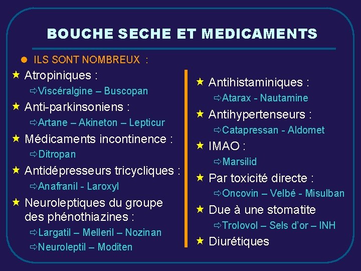 BOUCHE SECHE ET MEDICAMENTS l ILS SONT NOMBREUX : « Atropiniques : ðViscéralgine –
