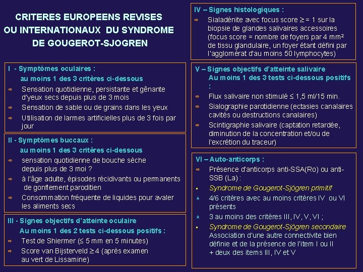 CRITERES EUROPEENS REVISES OU INTERNATIONAUX DU SYNDROME DE GOUGEROT-SJOGREN I - Symptômes oculaires :