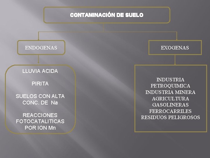 CONTAMINACIÓN DE SUELO ENDOGENAS EXOGENAS LLUVIA ACIDA PIRITA SUELOS CON ALTA CONC. DE Na CONTAMINACIÓN DE SUELO ENDOGENAS EXOGENAS LLUVIA ACIDA PIRITA SUELOS CON ALTA CONC. DE Na