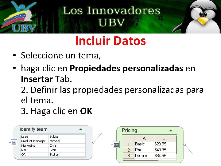 Incluir Datos • Seleccione un tema, • haga clic en Propiedades personalizadas en Insertar Incluir Datos • Seleccione un tema, • haga clic en Propiedades personalizadas en Insertar