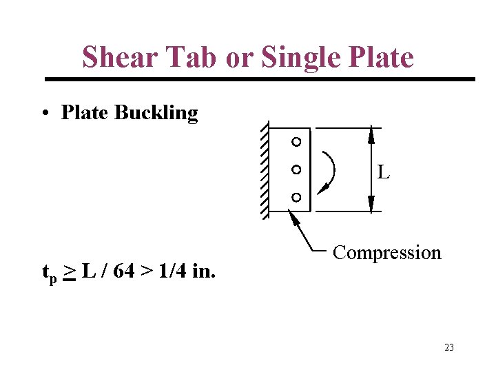 Shear Tab or Single Plate • Plate Buckling L tp > L / 64