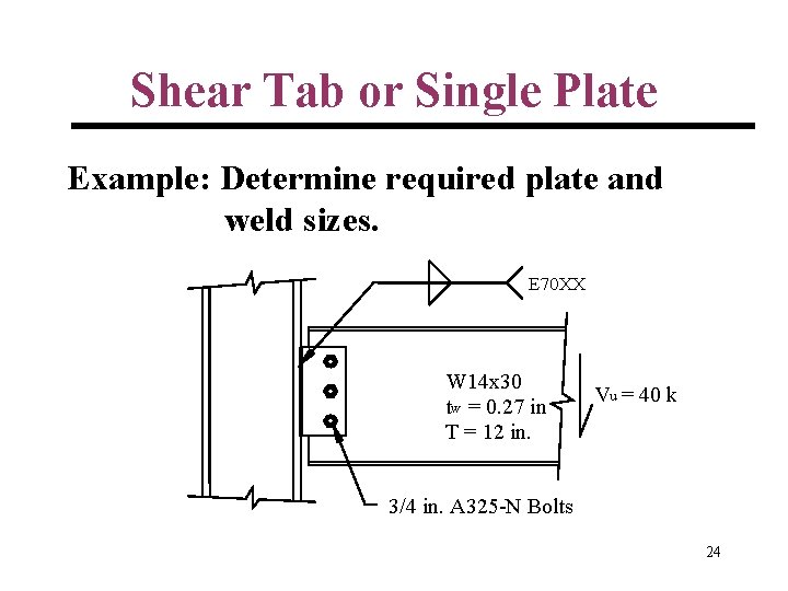 Shear Tab or Single Plate Example: Determine required plate and weld sizes. E 70