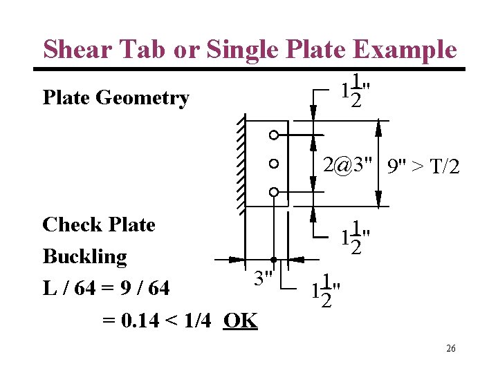 Shear Tab or Single Plate Example Plate Geometry 1 12" 2@3" 9" > T/2