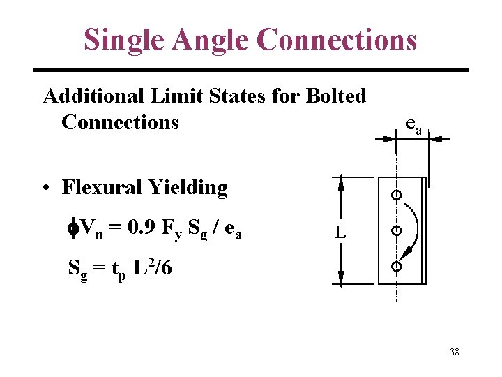 Single Angle Connections Additional Limit States for Bolted Connections ea • Flexural Yielding Vn