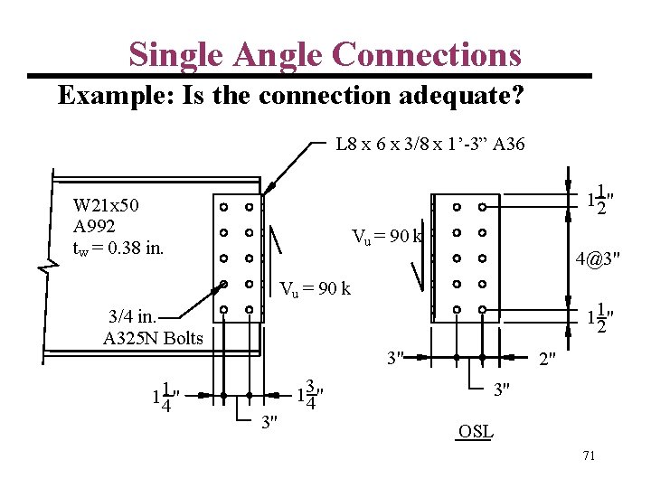 Single Angle Connections Example: Is the connection adequate? L 8 x 6 x 3/8