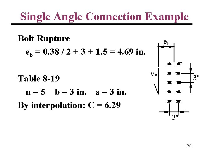 Single Angle Connection Example Bolt Rupture eb = 0. 38 / 2 + 3