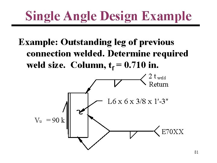 Single Angle Design Example: Outstanding leg of previous connection welded. Determine required weld size.