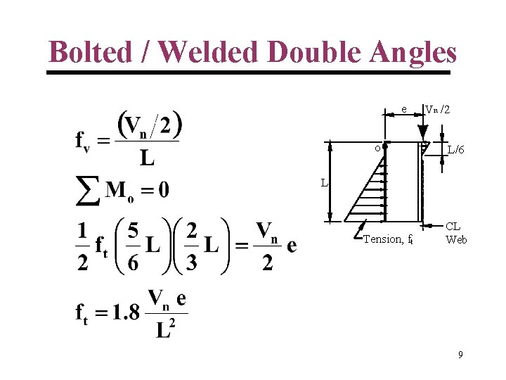 Bolted / Welded Double Angles e O Vn /2 L/6 L Tension, ft CL