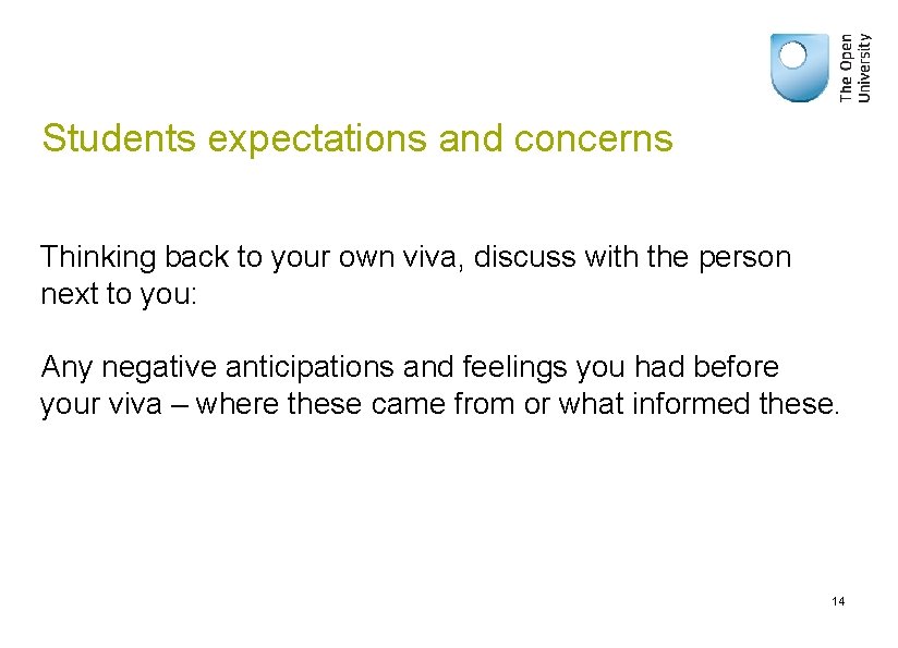 Students expectations and concerns Thinking back to your own viva, discuss with the person