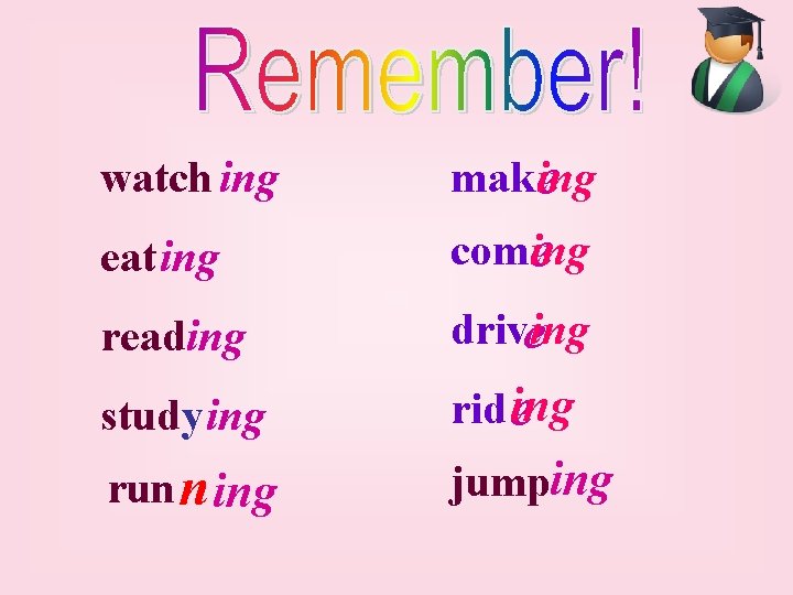 watch ing mak e ing eating come ing reading driveing studying rid ieng run