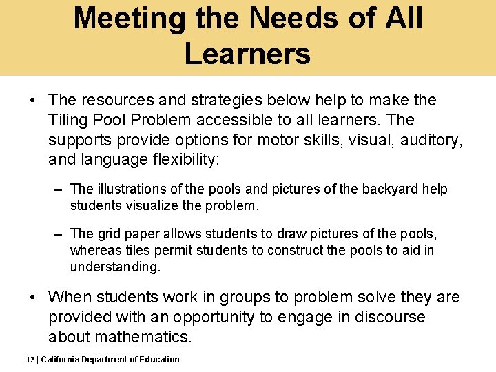 Meeting the Needs of All Learners • The resources and strategies below help to