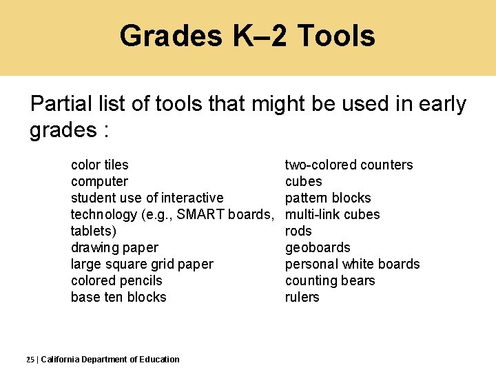 Grades K– 2 Tools Partial list of tools that might be used in early