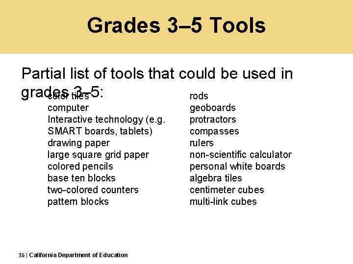 Grades 3– 5 Tools Partial list of tools that could be used in grades