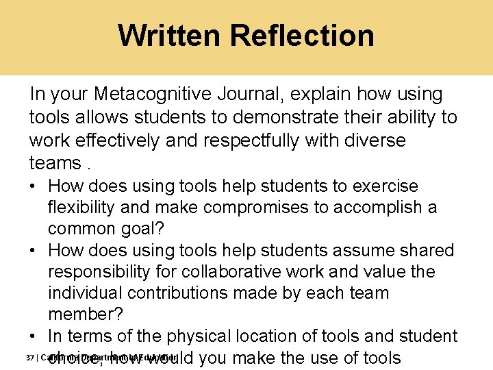 Written Reflection In your Metacognitive Journal, explain how using tools allows students to demonstrate