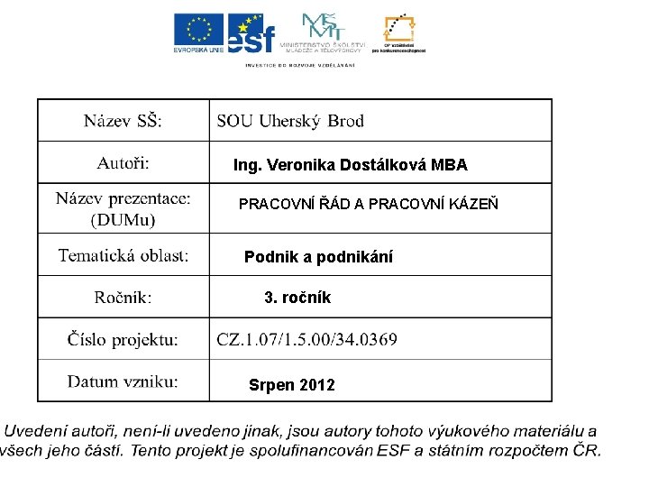 Ing. Veronika Dostálková MBA PRACOVNÍ ŘÁD A PRACOVNÍ KÁZEŇ Podnik a podnikání 3. ročník