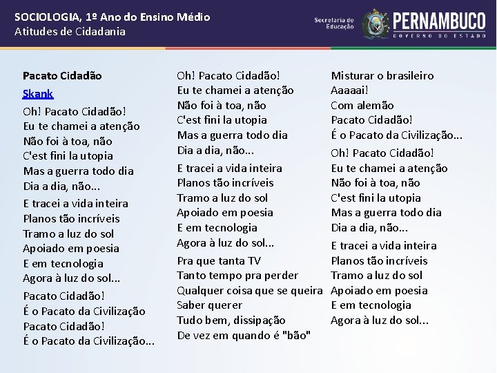 SOCIOLOGIA, 1º Ano do Ensino Médio Atitudes de Cidadania Pacato Cidadão Skank Oh! Pacato