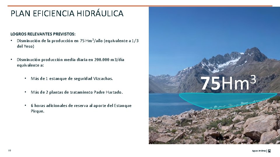 PLAN EFICIENCIA HIDRÁULICA LOGROS RELEVANTES PREVISTOS: • Disminución de la producción en 75 Hm