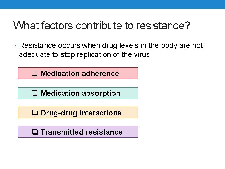 What factors contribute to resistance? • Resistance occurs when drug levels in the body