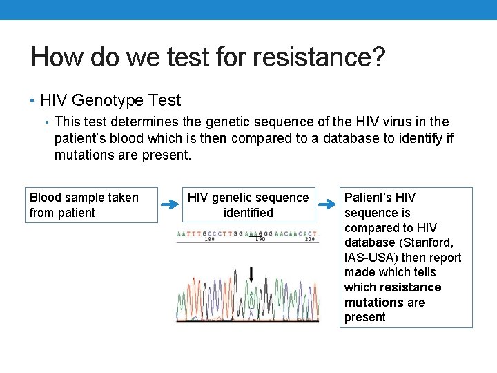 How do we test for resistance? • HIV Genotype Test • This test determines