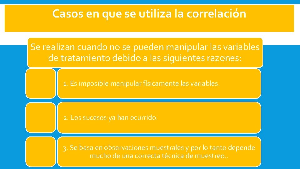 Casos en que se utiliza la correlación Se realizan cuando no se pueden manipular