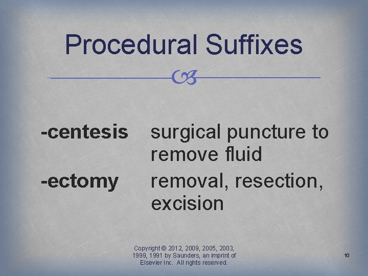 Procedural Suffixes -centesis -ectomy surgical puncture to remove fluid removal, resection, excision Copyright ©