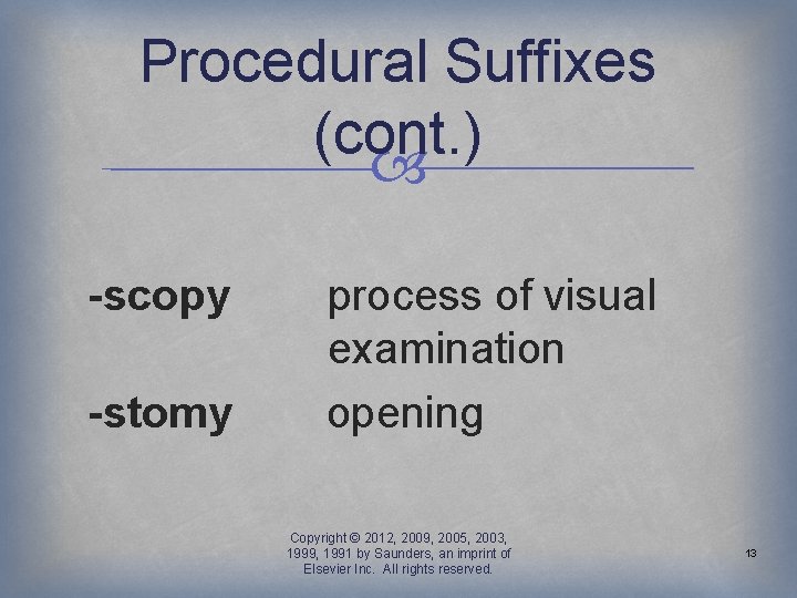 Procedural Suffixes (cont. ) -scopy -stomy process of visual examination opening Copyright © 2012,