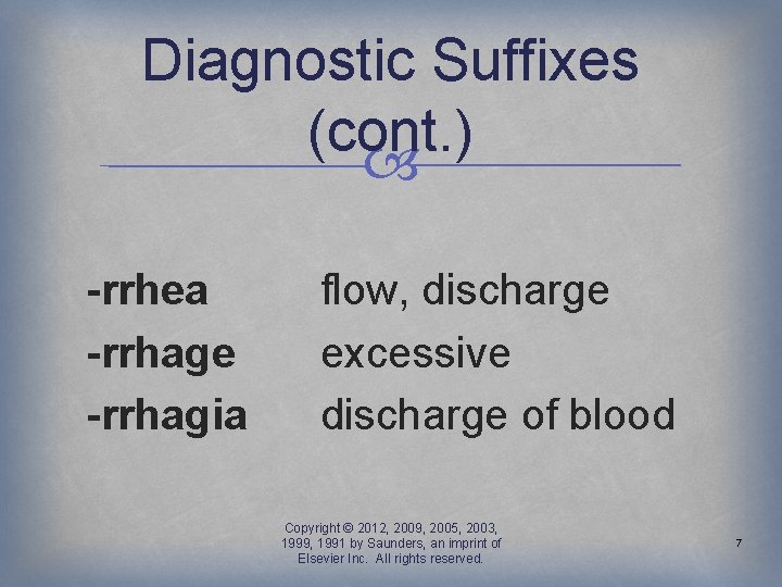 Diagnostic Suffixes (cont. ) -rrhea -rrhage -rrhagia flow, discharge excessive discharge of blood Copyright