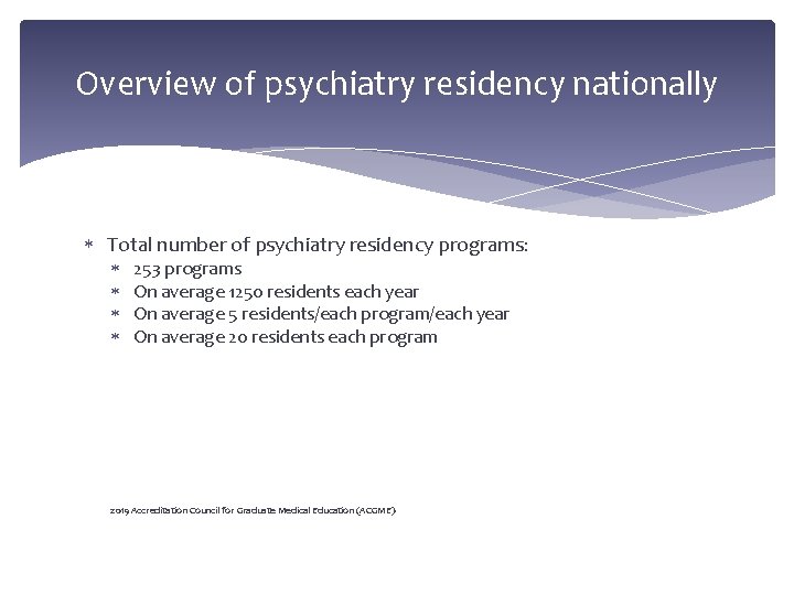 Overview of psychiatry residency nationally Total number of psychiatry residency programs: 253 programs On