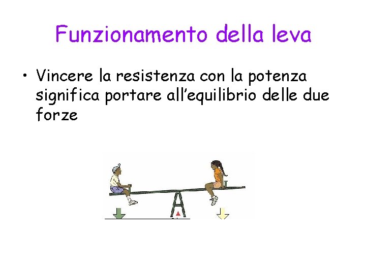 Funzionamento della leva • Vincere la resistenza con la potenza significa portare all’equilibrio delle