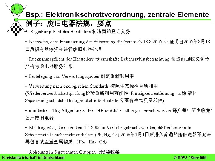 Bsp. : Elektronikschrottverordnung, zentrale Elemente 例子：废旧电器法规，要点 • Registrierpflicht des Herstellers 制造商的登记义务 • Nachweis, dass