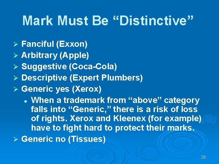 Mark Must Be “Distinctive” Fanciful (Exxon) Ø Arbitrary (Apple) Ø Suggestive (Coca-Cola) Ø Descriptive