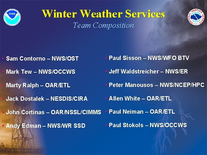 Winter Weather Services Team Composition • Sam Contorno – NWS/OST • Paul Sisson –