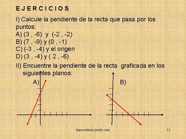EJERCICIOS I) Calcule la pendiente de la recta que pasa por los puntos: A)
