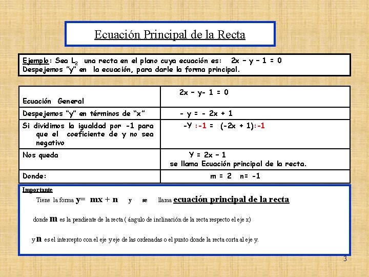 Ecuación Principal de la Recta Ejemplo: Sea L 2 una recta en el plano
