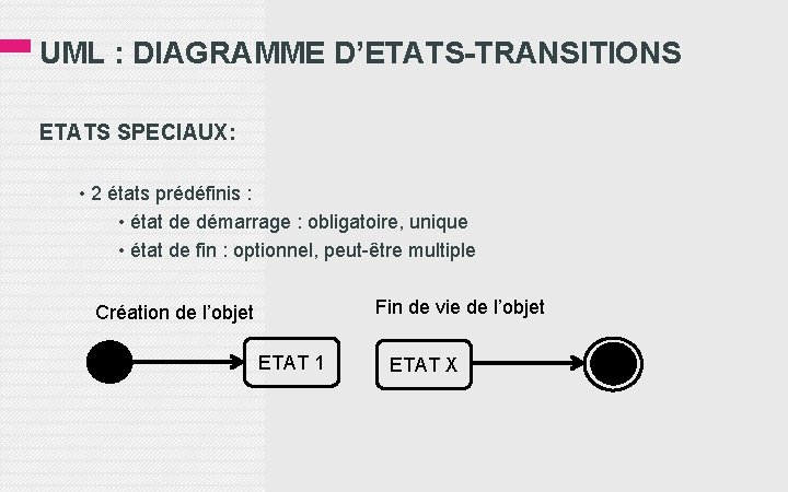 UML : DIAGRAMME D’ETATS-TRANSITIONS ETATS SPECIAUX: • 2 états prédéfinis : • état de