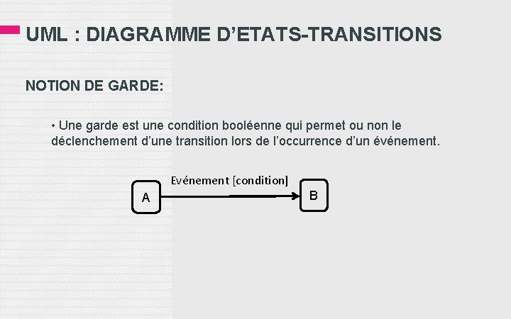 UML : DIAGRAMME D’ETATS-TRANSITIONS NOTION DE GARDE: • Une garde est une condition booléenne