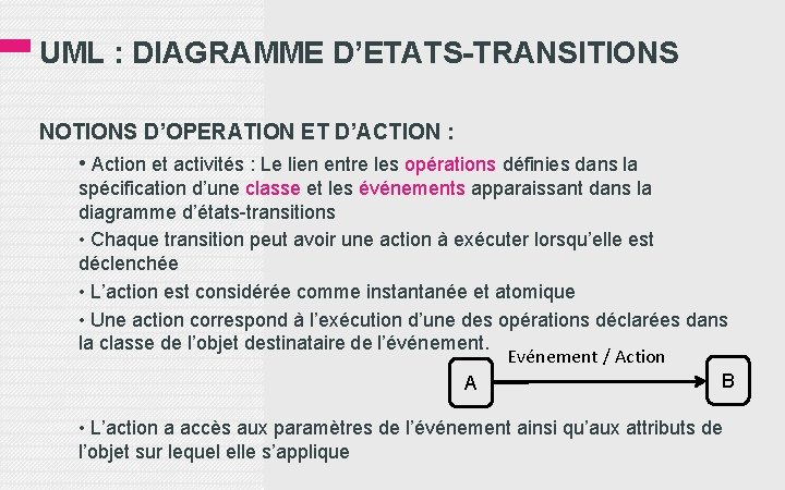 UML : DIAGRAMME D’ETATS-TRANSITIONS NOTIONS D’OPERATION ET D’ACTION : • Action et activités :