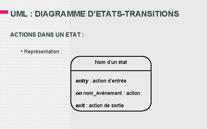 UML : DIAGRAMME D’ETATS-TRANSITIONS ACTIONS DANS UN ETAT : • Représentation : Nom d’un