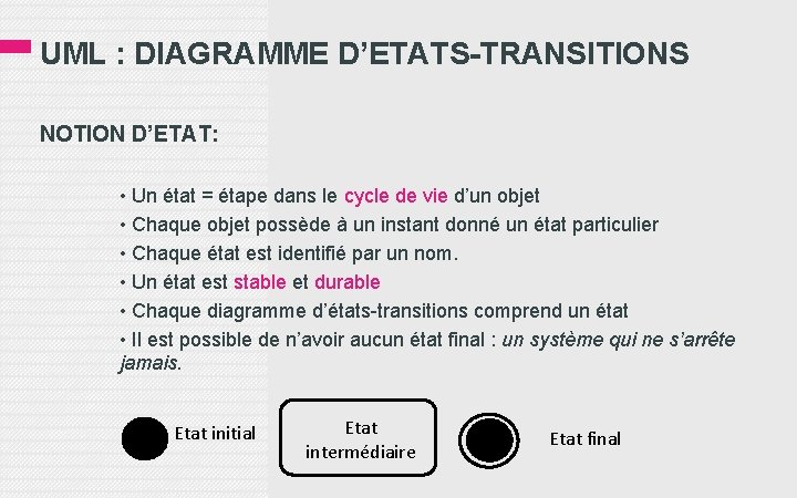 UML : DIAGRAMME D’ETATS-TRANSITIONS NOTION D’ETAT: • Un état = étape dans le cycle