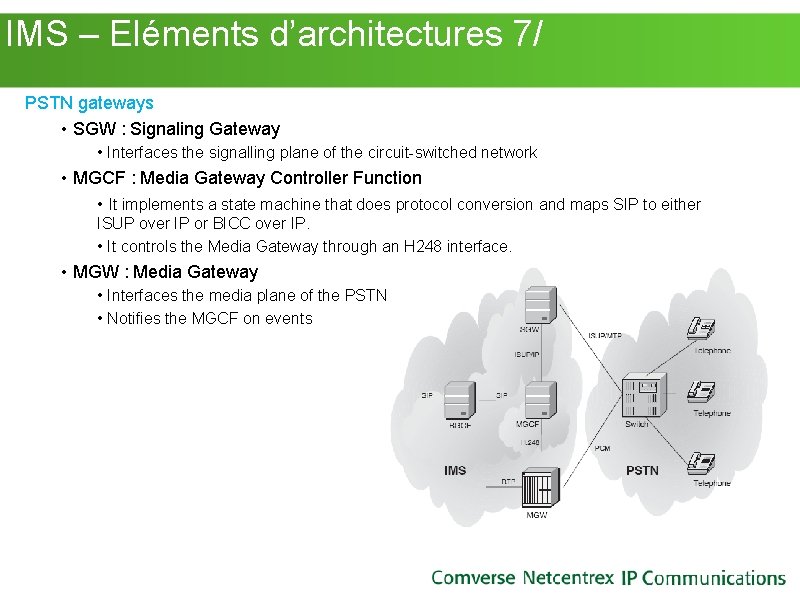 IMS – Eléments d’architectures 7/ PSTN gateways • SGW : Signaling Gateway • IMS – Eléments d’architectures 7/ PSTN gateways • SGW : Signaling Gateway •