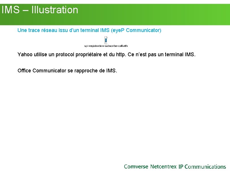 IMS – Illustration Une trace réseau issu d’un terminal IMS (eye. P Communicator) IMS – Illustration Une trace réseau issu d’un terminal IMS (eye. P Communicator)
