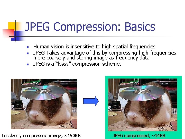 JPEG Compression: Basics n n n Human vision is insensitive to high spatial frequencies