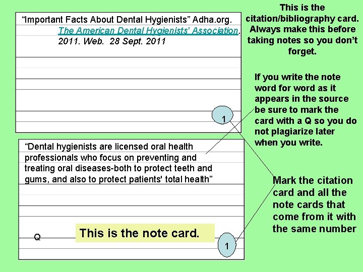 This is the citation/bibliography card. “Important Facts About Dental Hygienists” Adha. org. The American