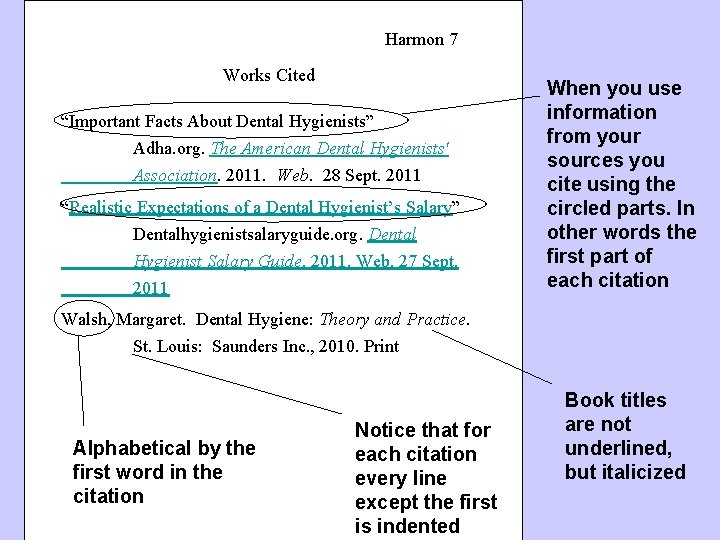 Harmon 7 Works Cited “Important Facts About Dental Hygienists” Adha. org. The American Dental