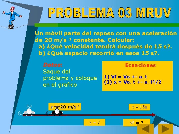 Un móvil parte del reposo con una aceleración de 20 m/s ² constante. Calcular: