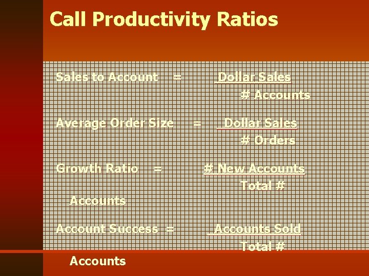 Call Productivity Ratios Sales to Account = Average Order Size Growth Ratio = Accounts