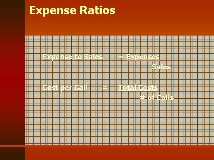 Expense Ratios Expense to Sales = Expenses Sales Cost per Call Total Costs #